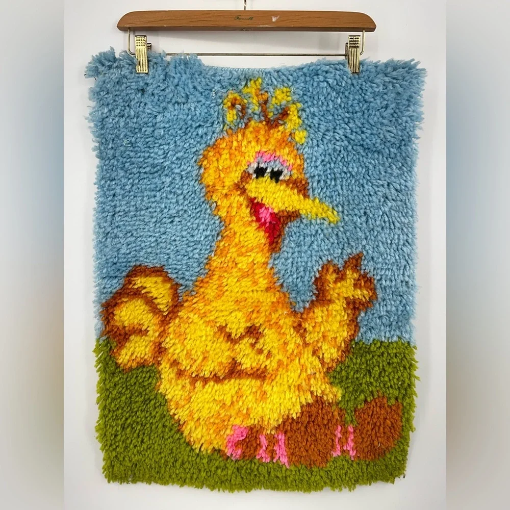 Vintage 80s Latch-Hook Yarn Tapestry Sesame Street big bird yellow green grass